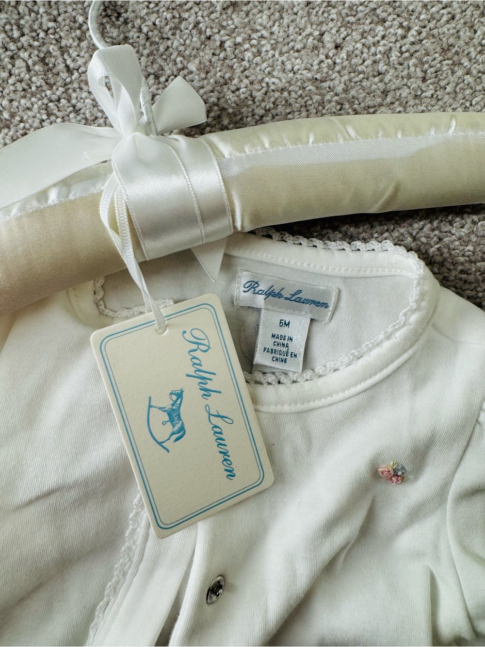 Ralph Lauren White Baby Cotton Pajama Top with Floral Accent